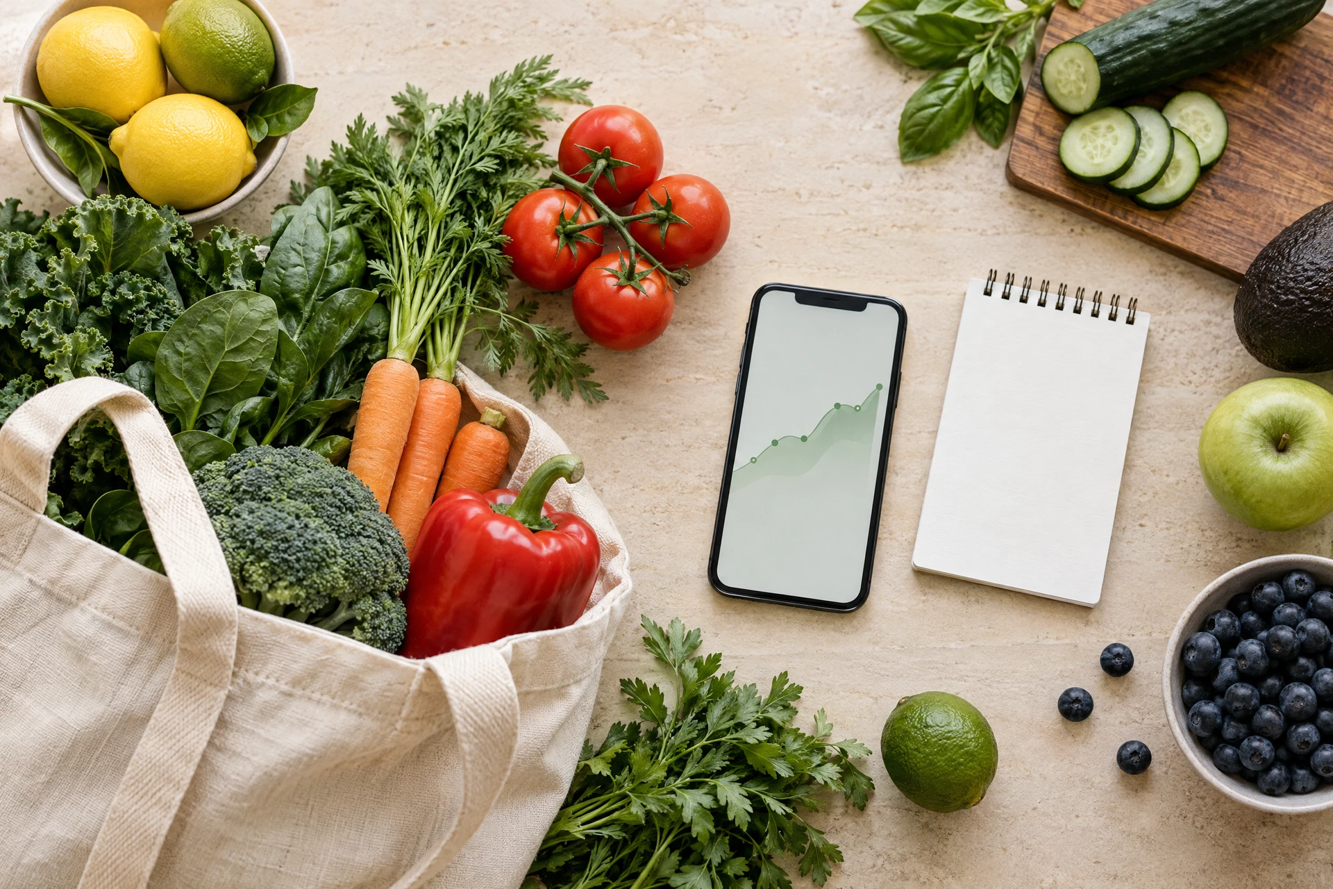 Fresh groceries, a shopping note and a phone with a simple spending chart.