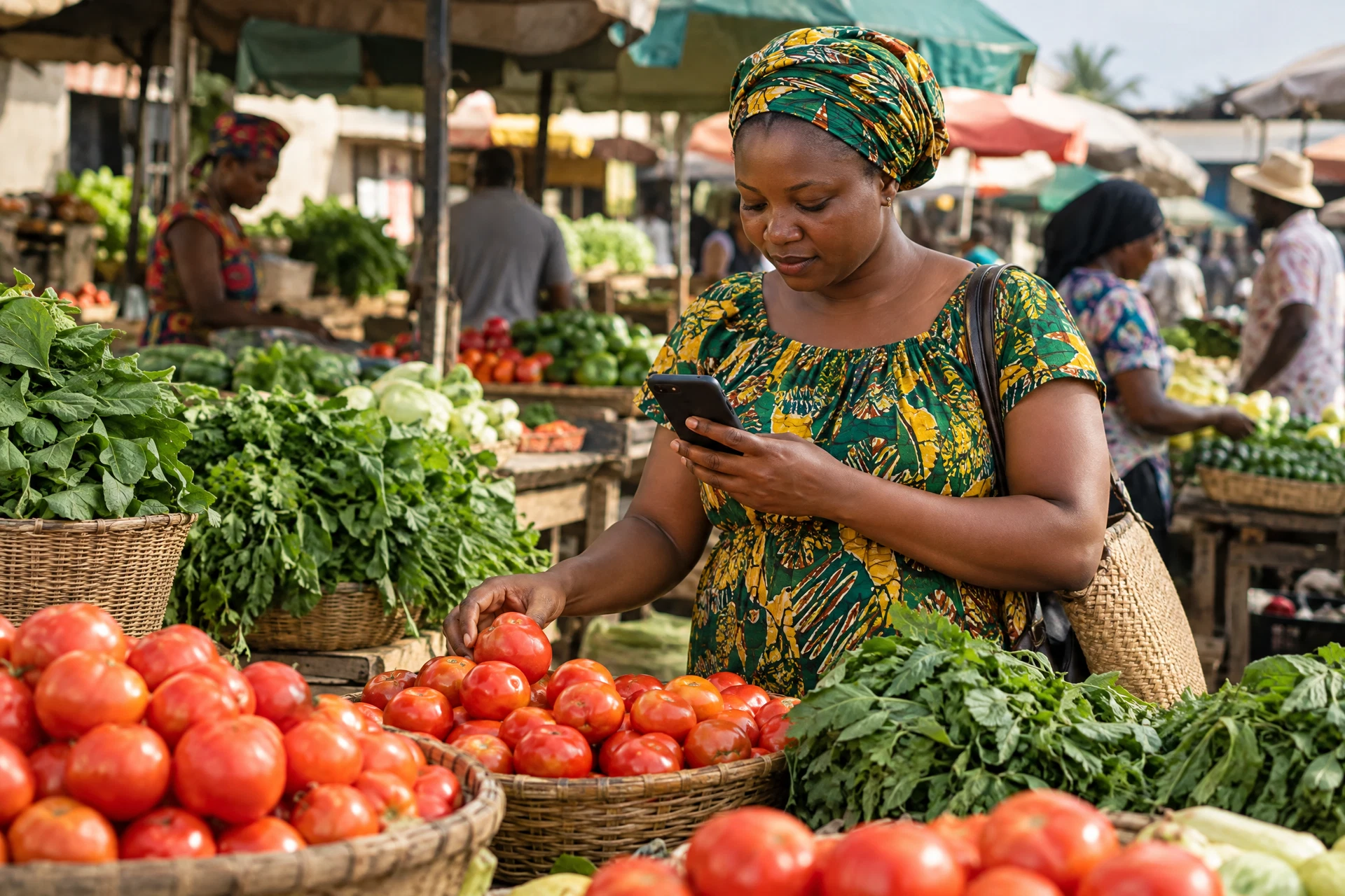 A shopper checks her phone at a neighborhood produce market.