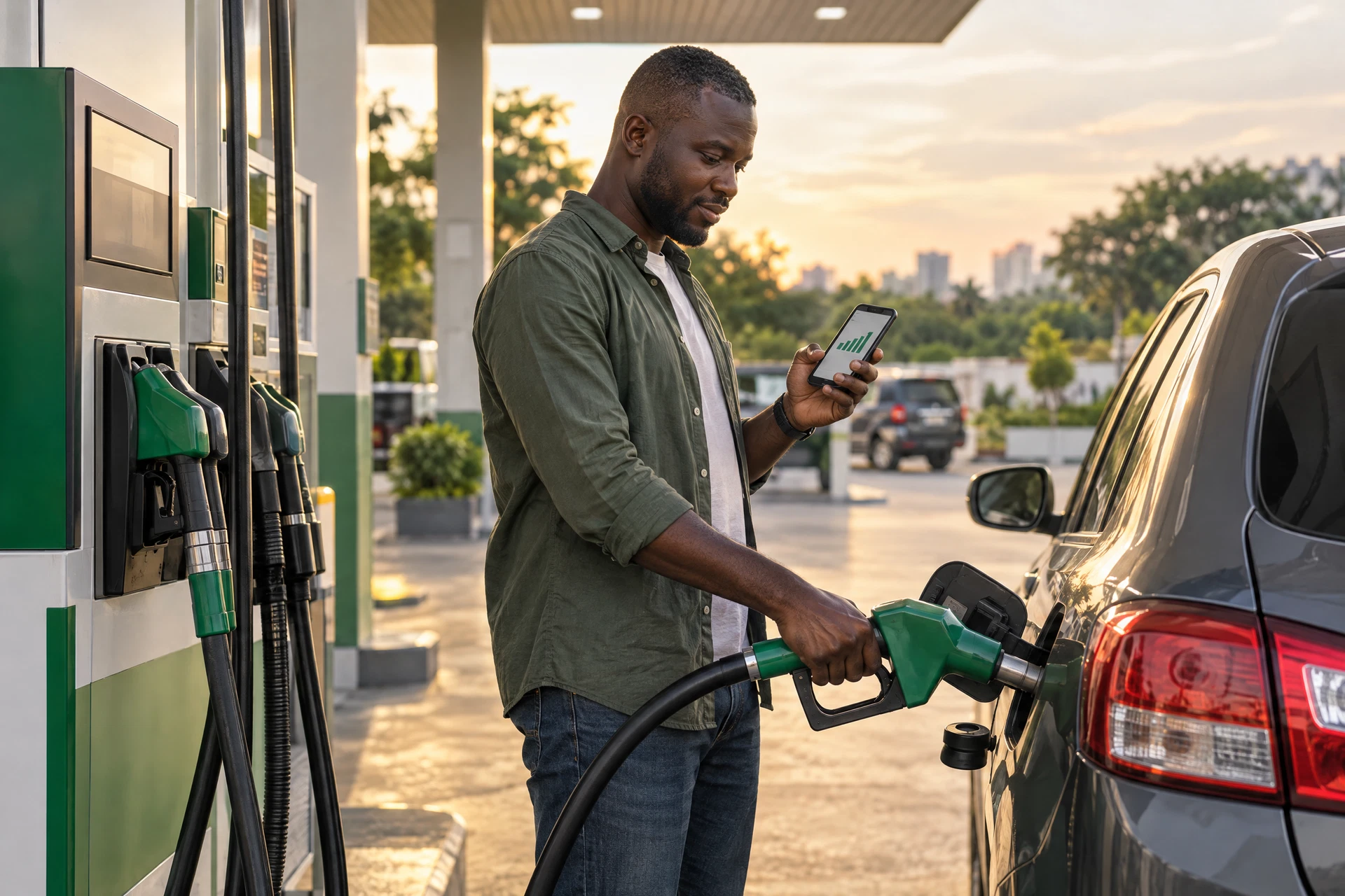 A driver tracks fuel trends while refueling at a petrol station.